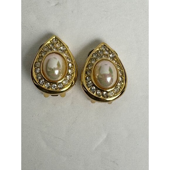 Christian Dior Gold-Tone Clip-On Earrings With Faux Pearls Rhinestones Teardrop - Picture 6 of 6